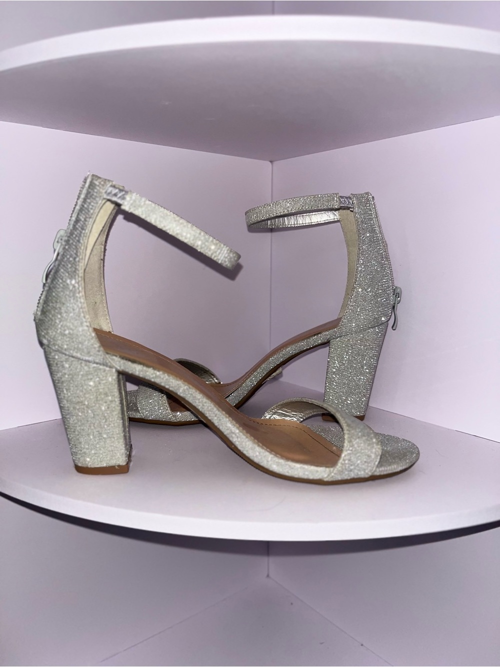 Glitter Block Heel Ankle Strap Sandals - Silver